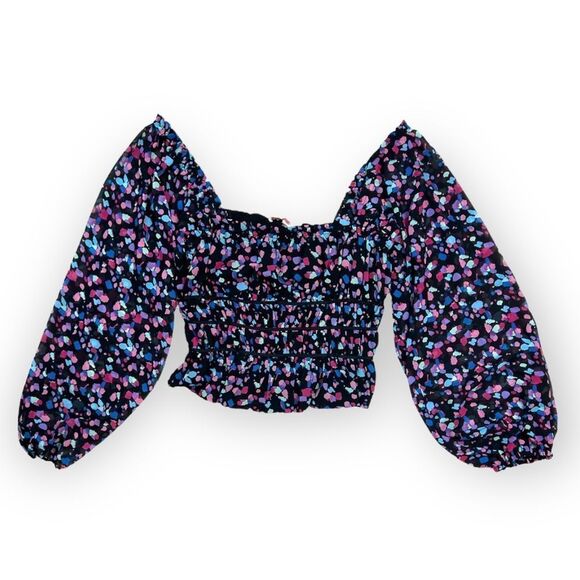 LeyDen Long Sleeve Off the Shoulder Ruffle Shirred Crop Top in Kaleidscope - Picture 3 of 11